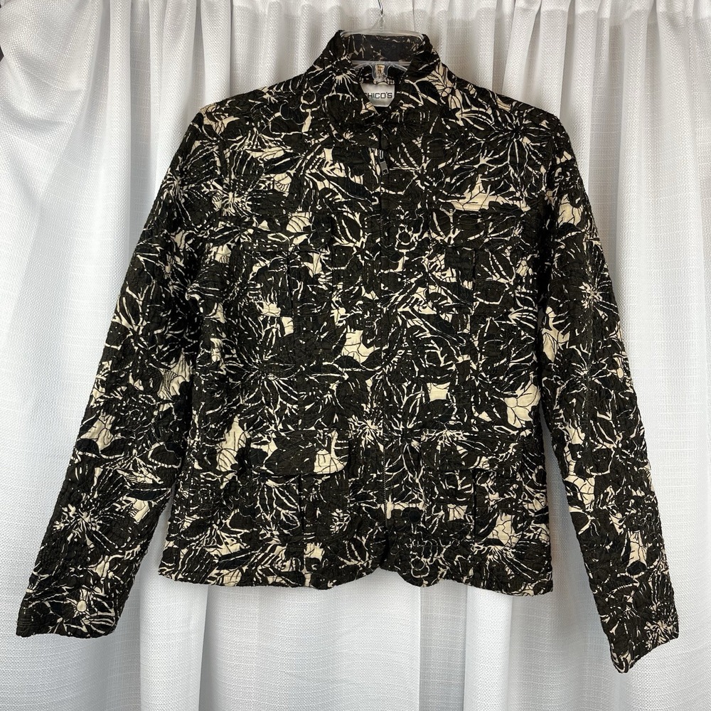 Chico's Brown Tan Blazer Full Zip Jacket Size 1 M-8/10 Floral Textured Women